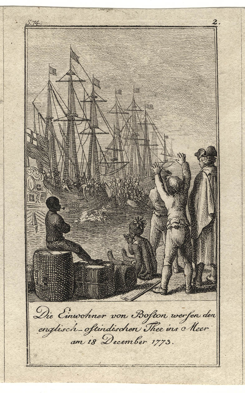 engraving of children and a man sitting on a dock watching men dump tea from two ships into the water below them