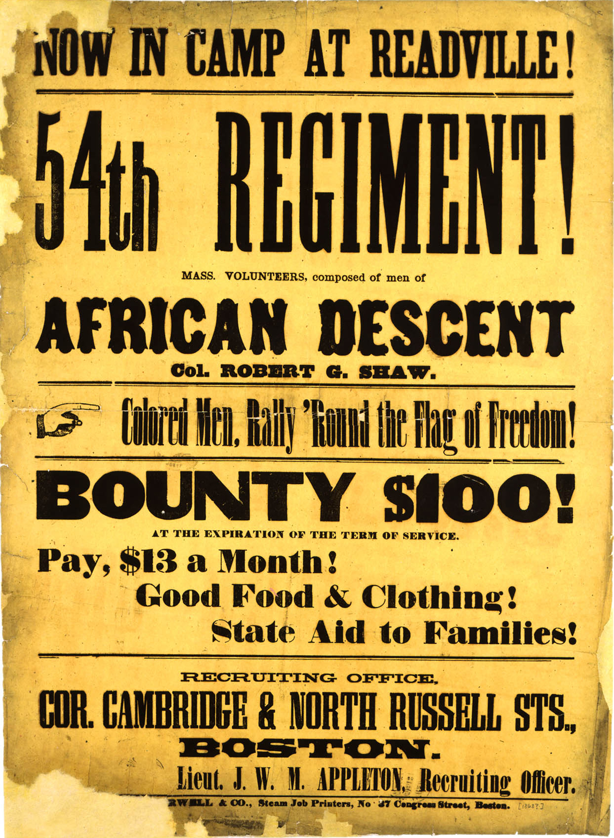 Poster printed on yellow paper, titled “Now In Camp at Readville! 54th REGIMENT!” in large letters. Below the phrases 