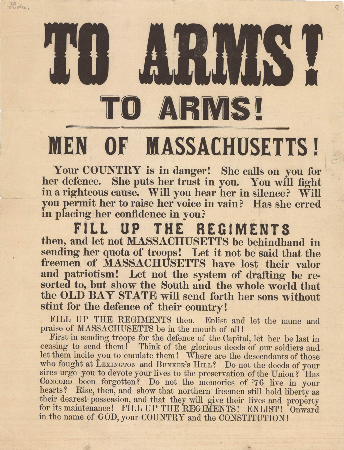 Poster on slightly yellowed white paper, titled “To arms! To arms! Men of Massachusetts!