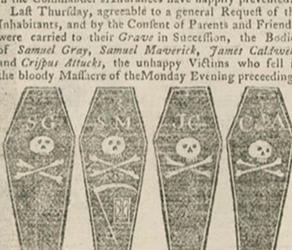 newspaper clipping with four coffins featuring sets of initials and skulls and crossbones below text