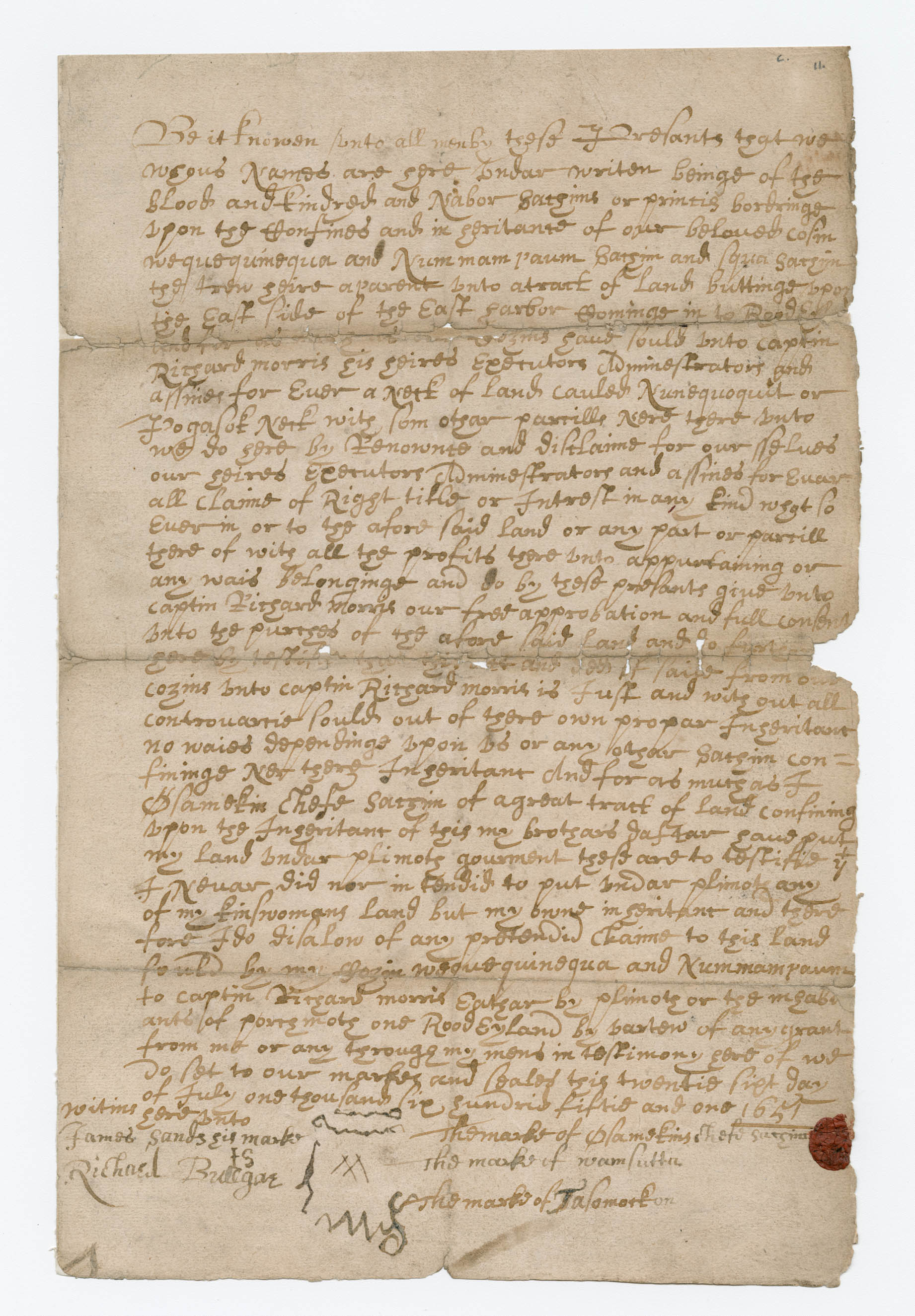 cursive handwriting on aged, creased paper with red seal visible in lower righthand part of page