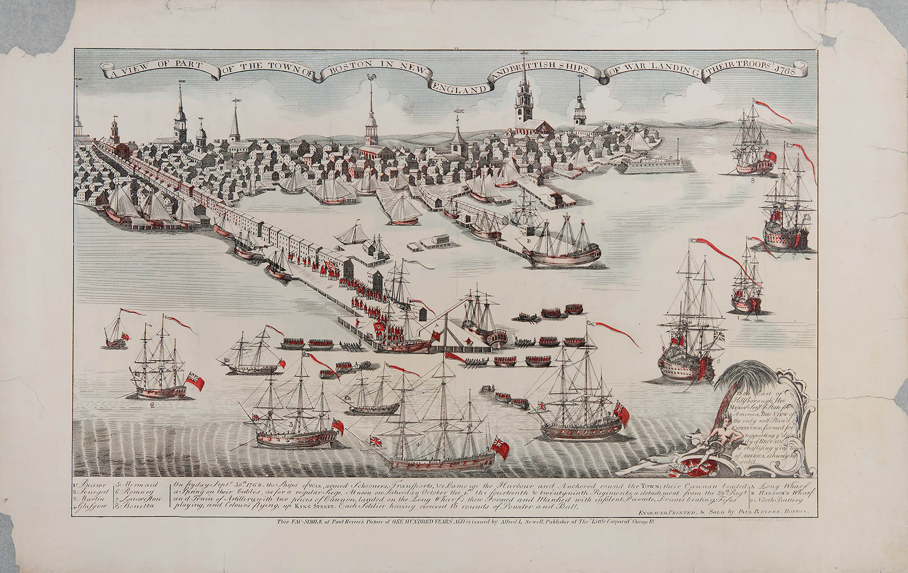 Engraving of many ships with red flags arriving at Boston's coast