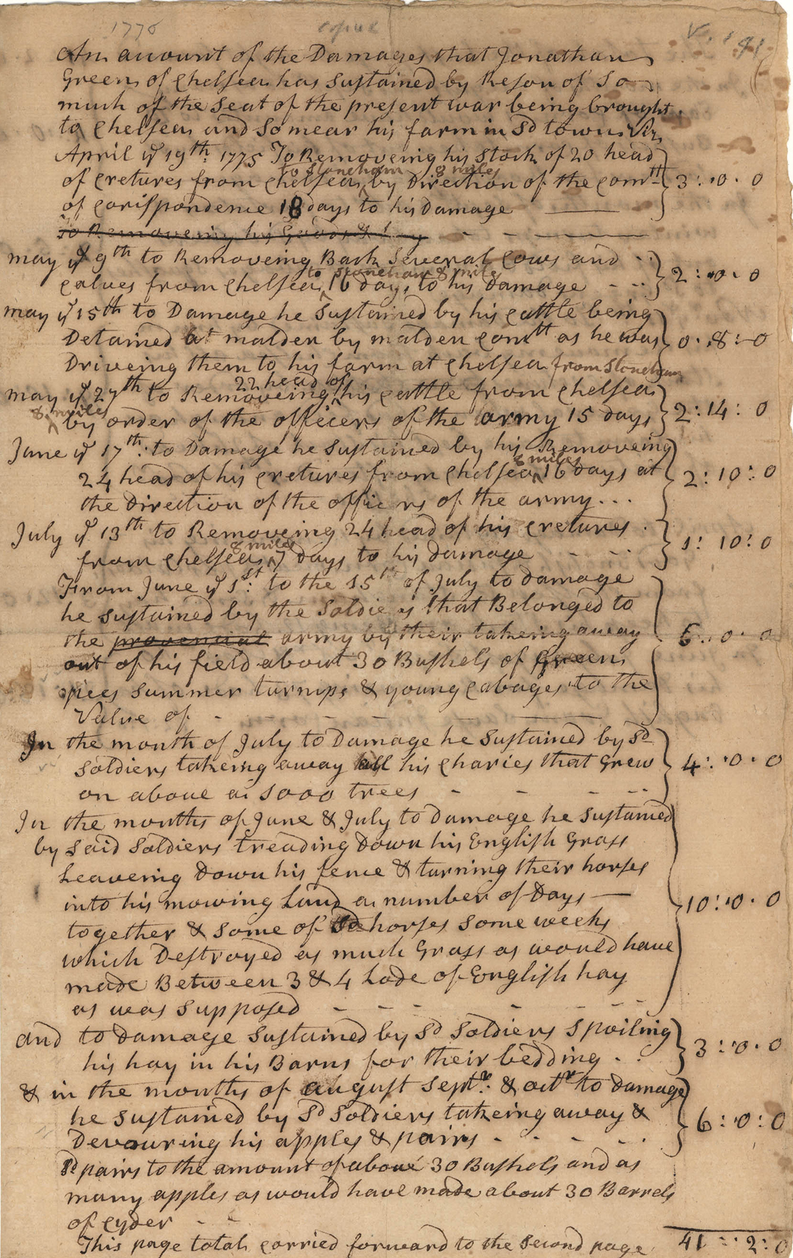 A ledger of accounts and prices, written in cursive on aged paper