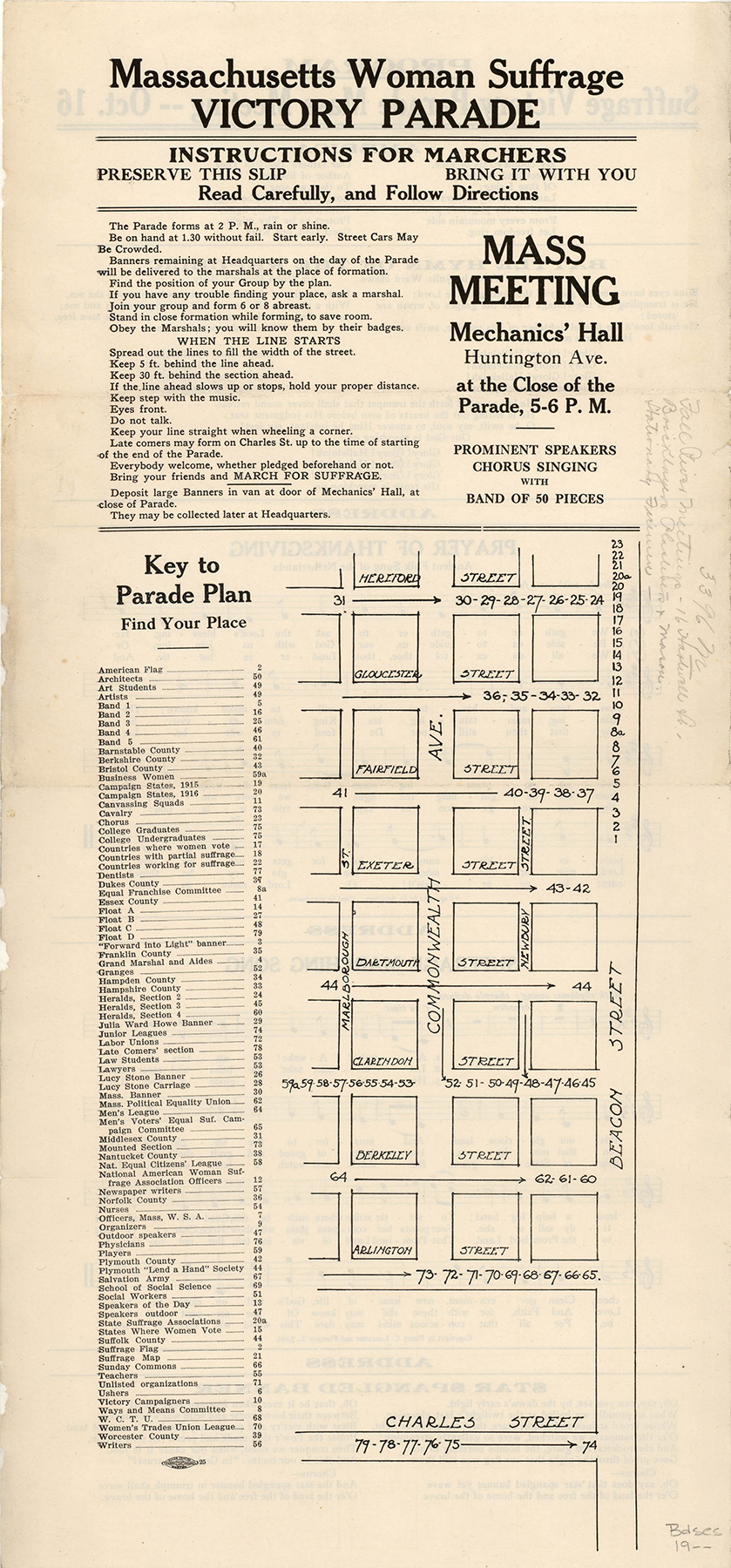 A broadside with written instructions for marchers  and a street grid of Boston showing marchers the parade route.