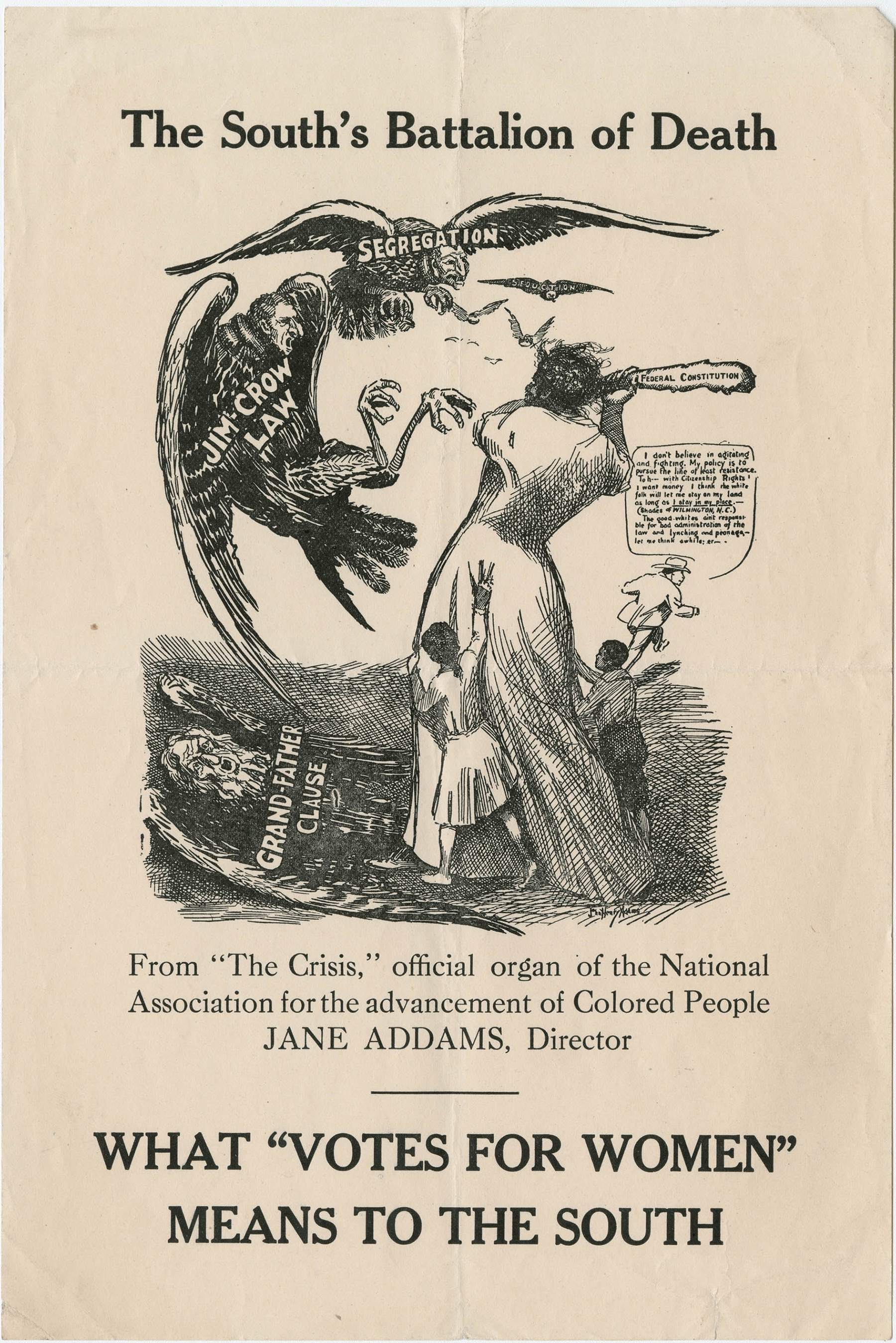 A Black woman wields the U.S. Constitution and uses it protect her children and to strike birds of prey labeled 