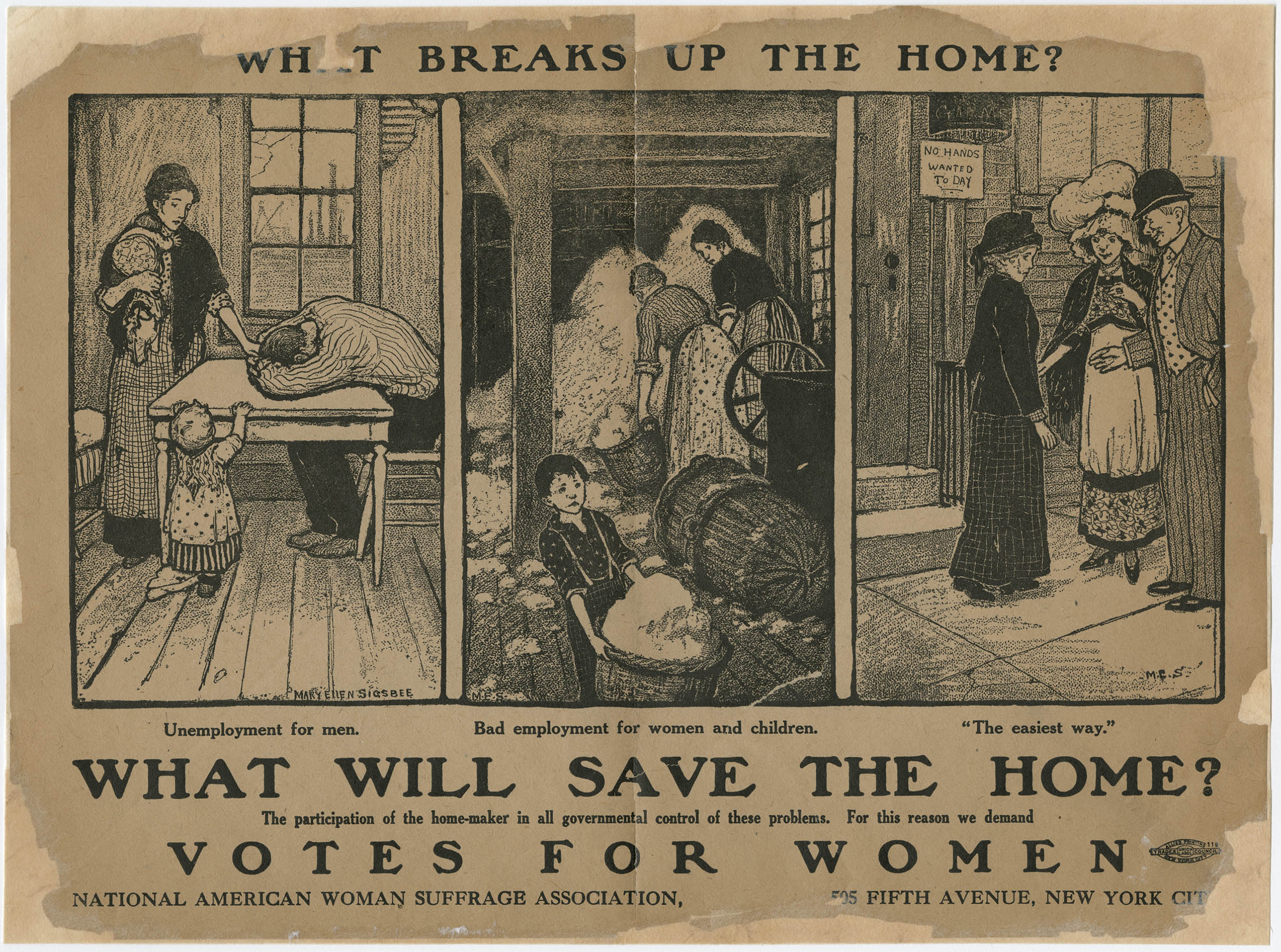 three panel political cartoon showing a dad at a table with his head in his arms being comforted by his family; children working in a factory; and people on a street corner with the caption reading 