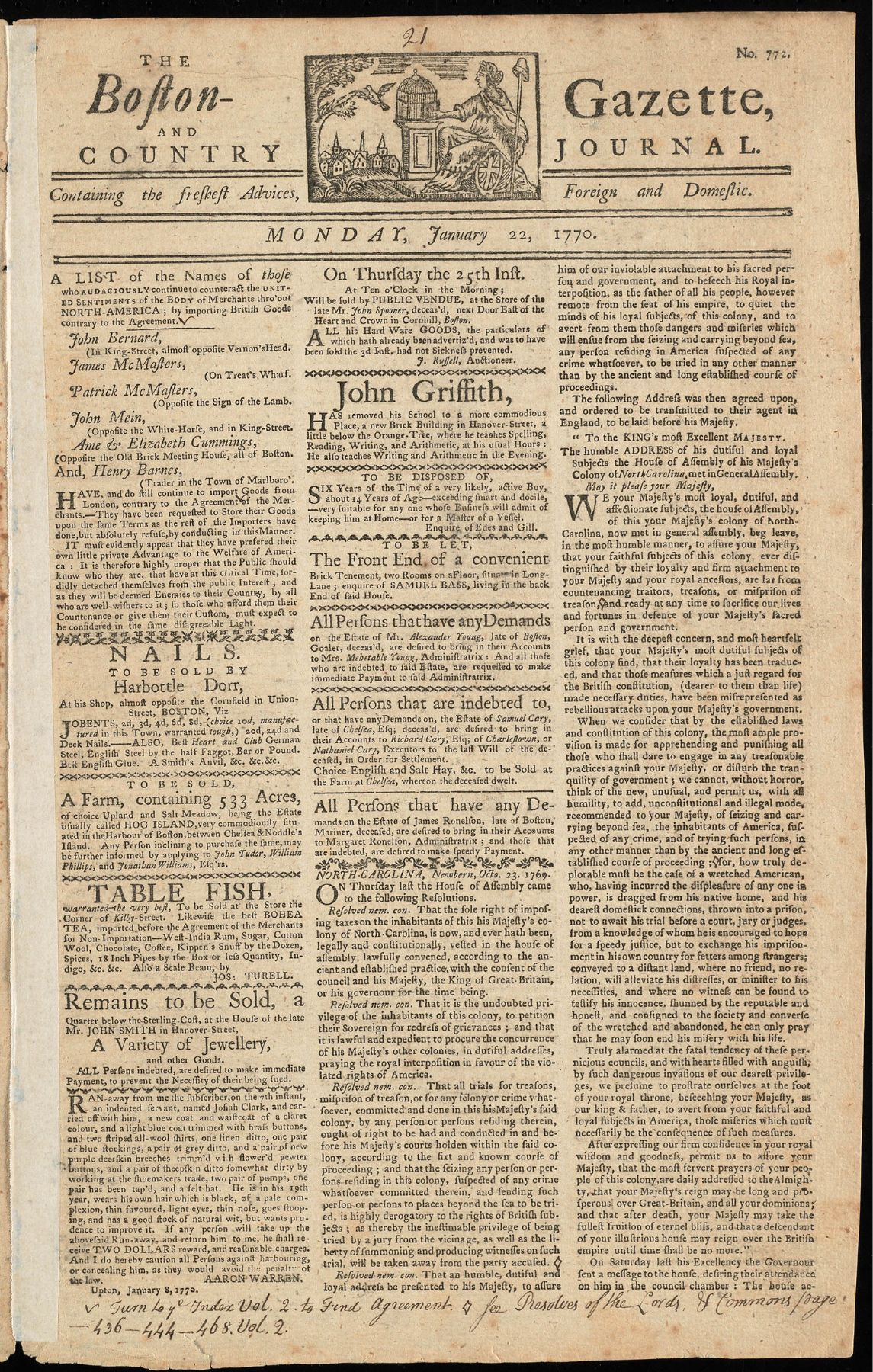 A yellowed front page of a newspaper dated 1770