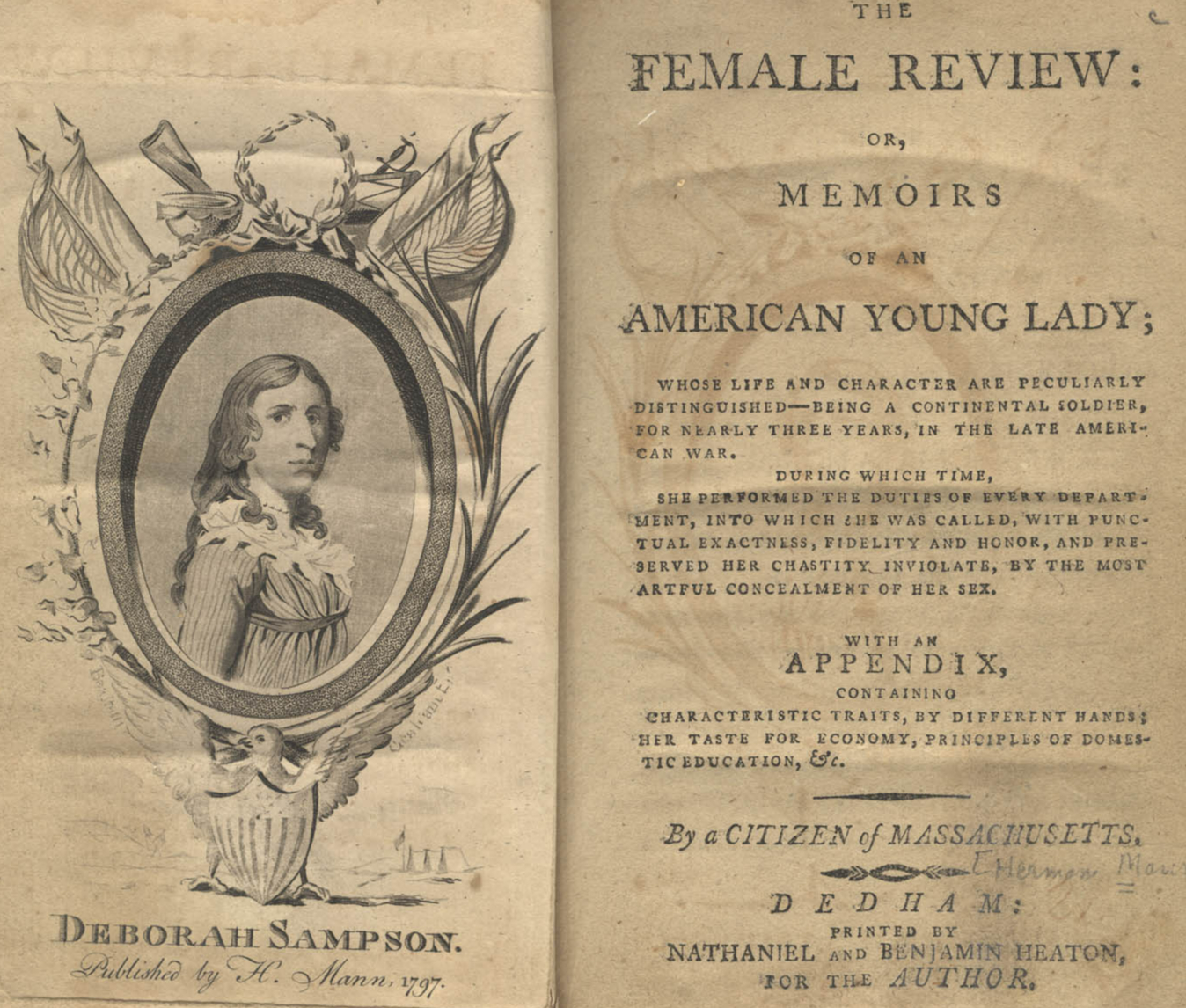 open book with an engraving of a young adult with long hair and a ruffled dress in a patriotic frame with text on the right headed with the title 