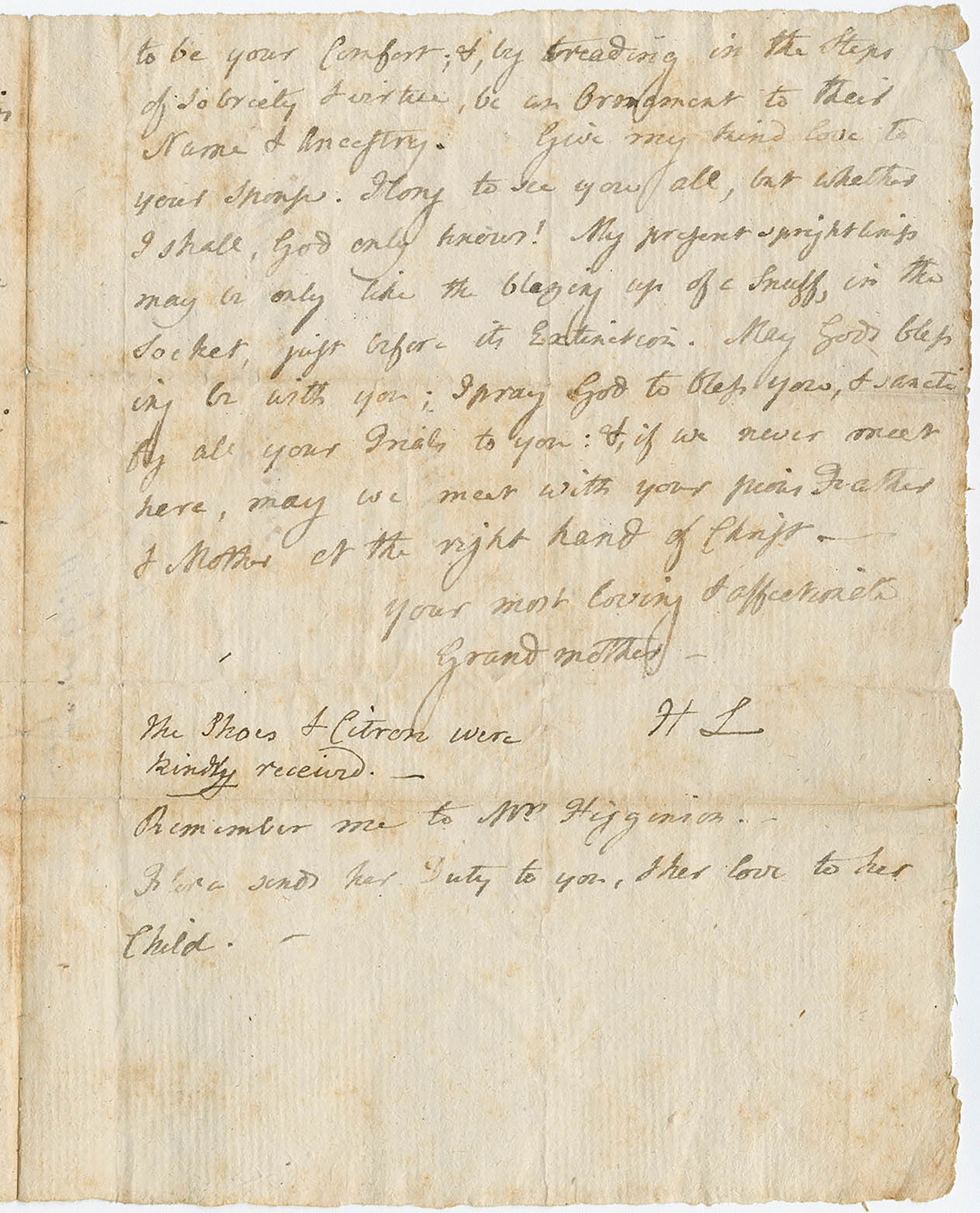 Handwritten letter on creased yellowed paper