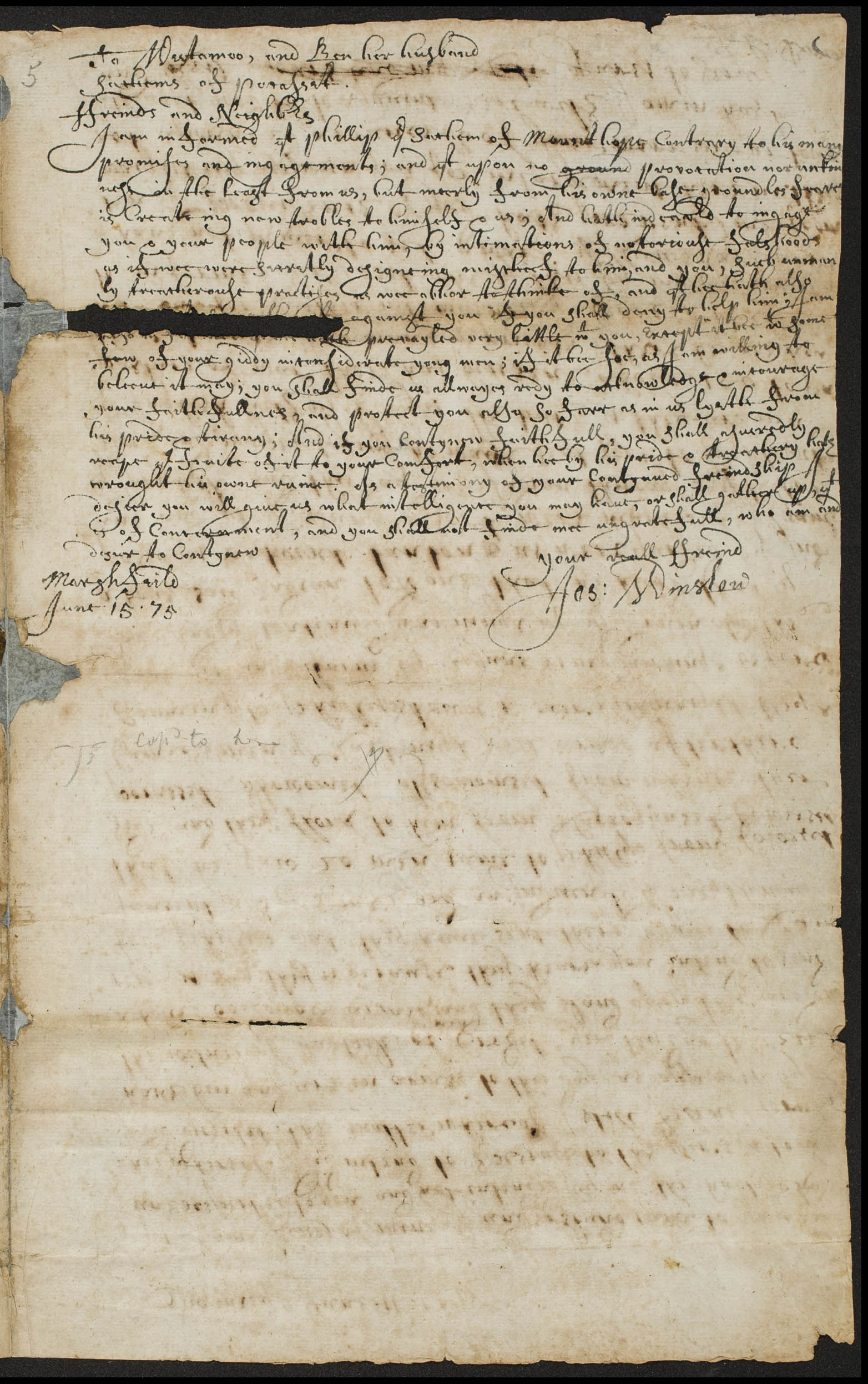 cursive handwriting on top third of a page of torn and aged paper