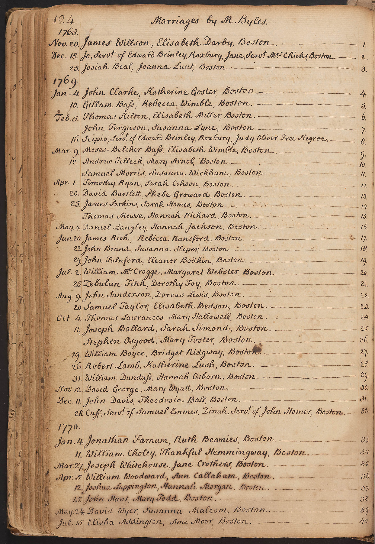 Handwritten list of couples married by Rev. Mather Byles, Jr. organized by date