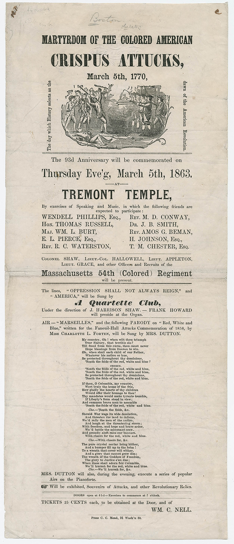 poster listing details for the commemoration event of the 93rd anniversary of the Boston Massacre. crispus attucks is printed in bold, capital letters at the top of the page.