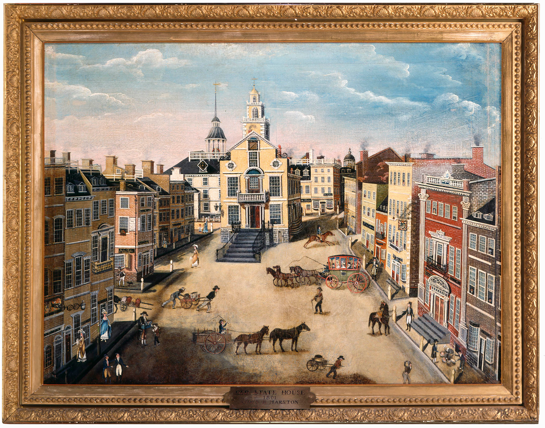 A framed painting of State street with many buildings, people, carts, and horse-drawn coaches