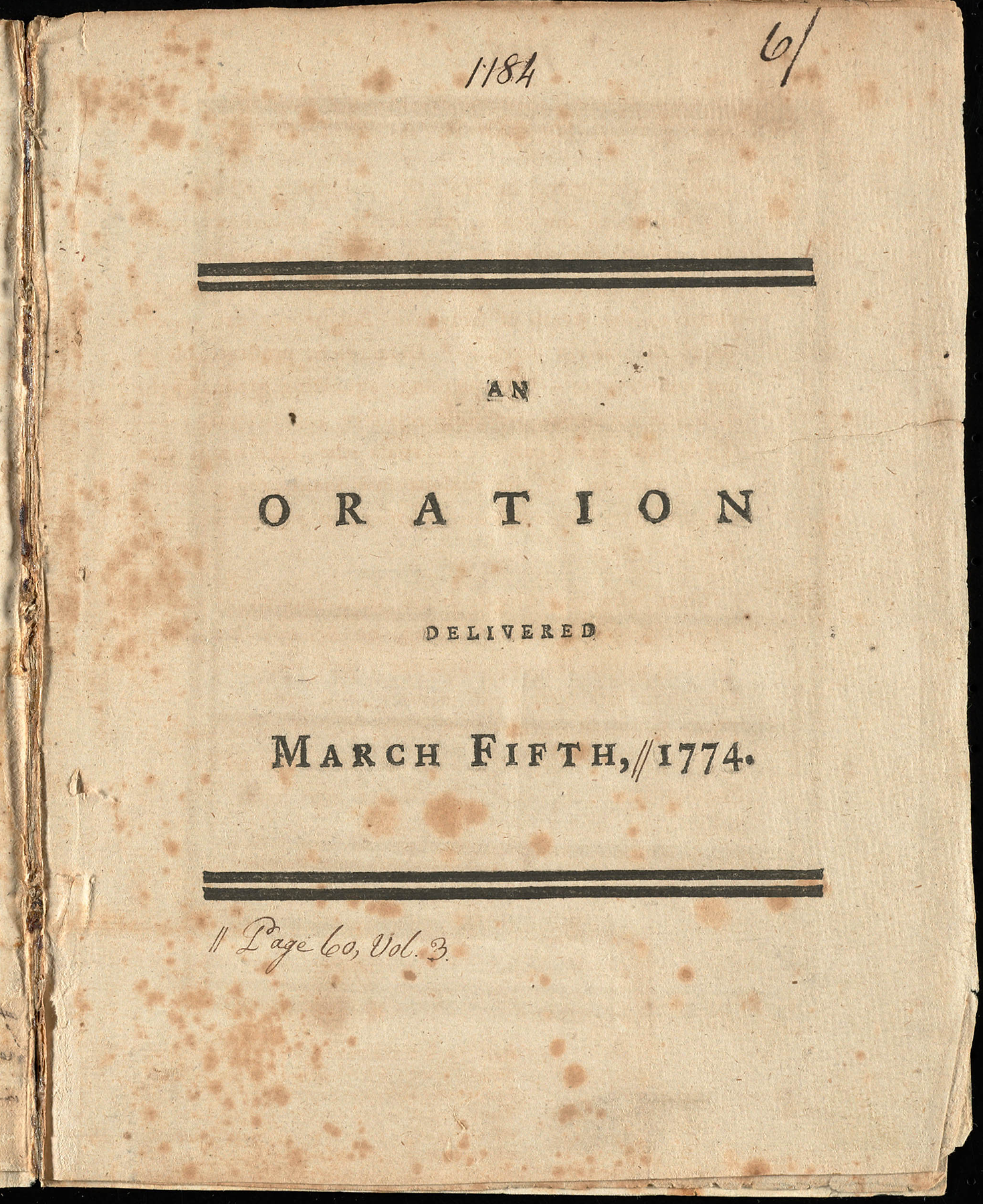 title page of a pamphlet hand-numbered #1184. an oration is printed in large, capital letters in the canter of the page.
