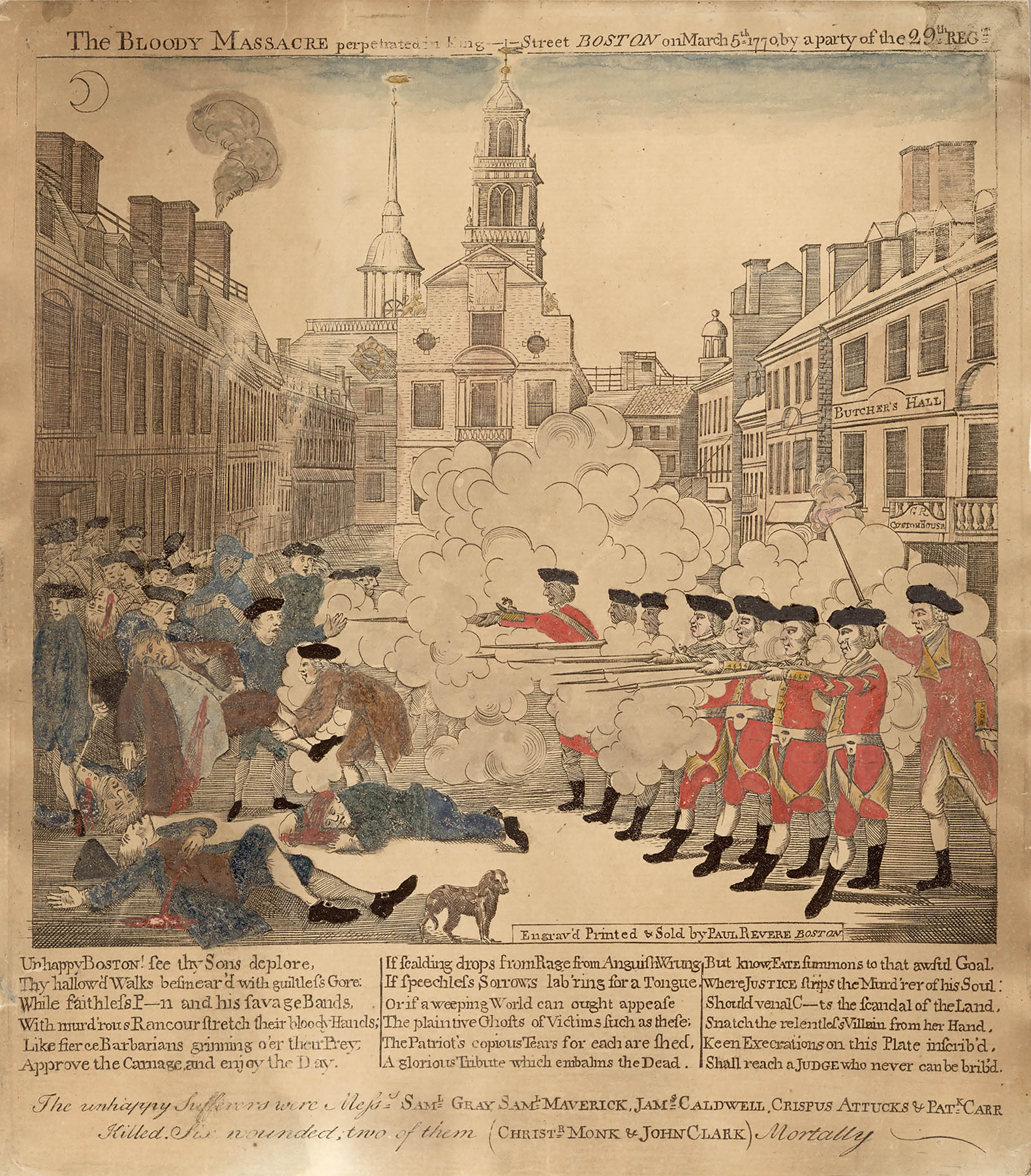 Colored drawing depicting the King Street massacre; a group of British soldiers wearing red coats (right) face off against an unruly crowd an unruly crowd (left) wearing blue coats