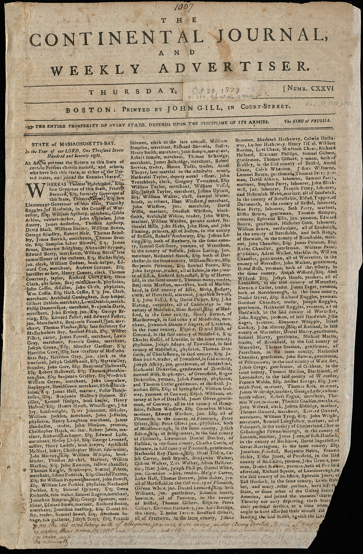 Stained newspaper page dated Thursday, October 1779