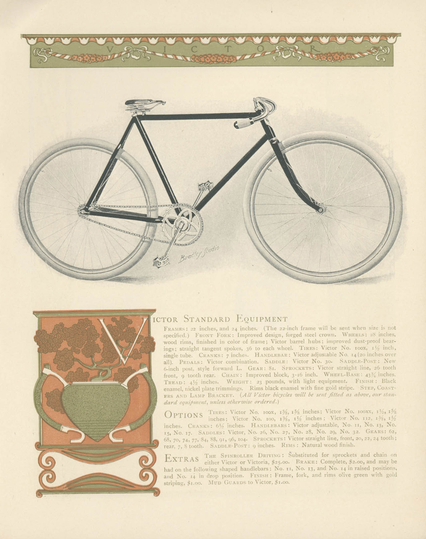 Black and white illustration of a bicycle on yellowed paper with text below it