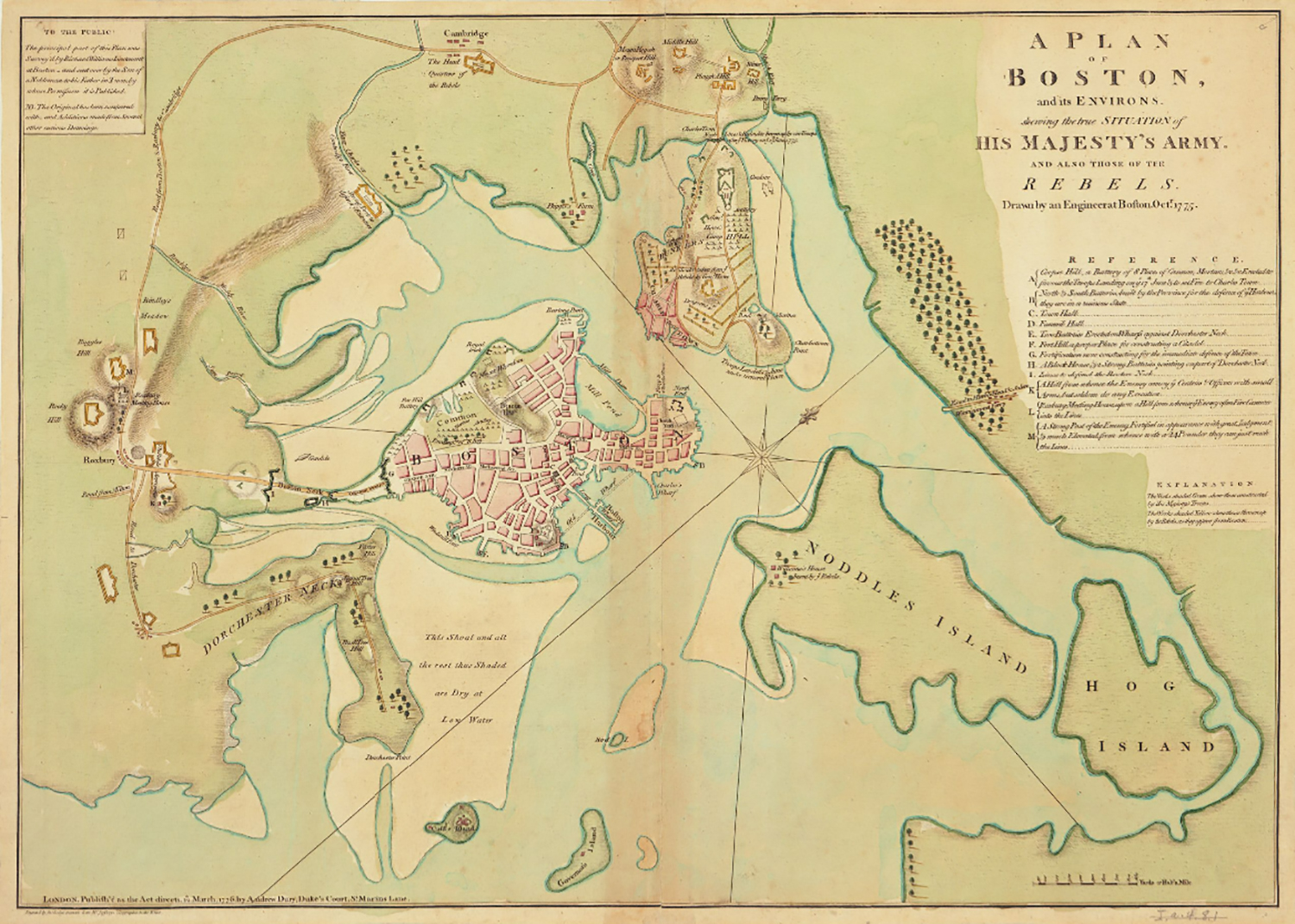 A map showing Boston and its surroundings, with illustrations showing the positions of British and colonial forces