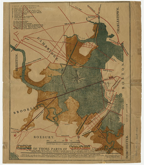 A map showing land and waterways near Boston and surrounding towns. Water is colored blue and significant streets are drawn in red.