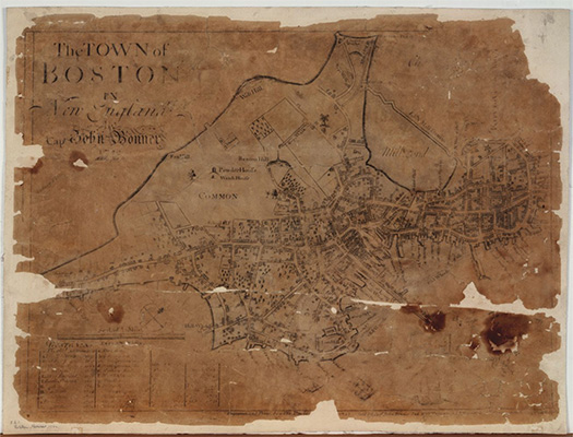 A map of Boston in its previous shape as a peninsula, on dark aged parchment paper, with tears at the edges
