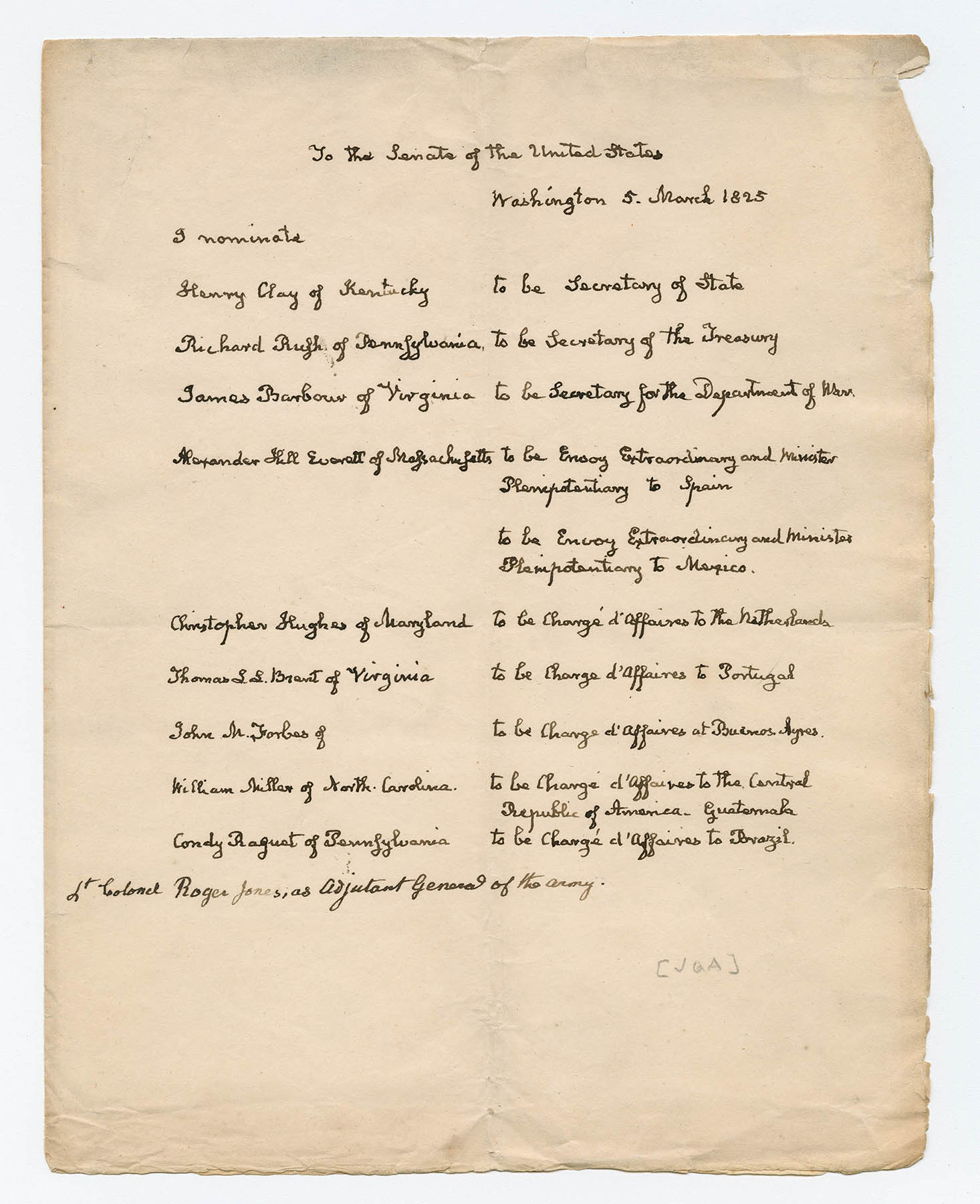 a list of positions and names written in cursive handwriting on aged paper that is somewhat torn at the edges