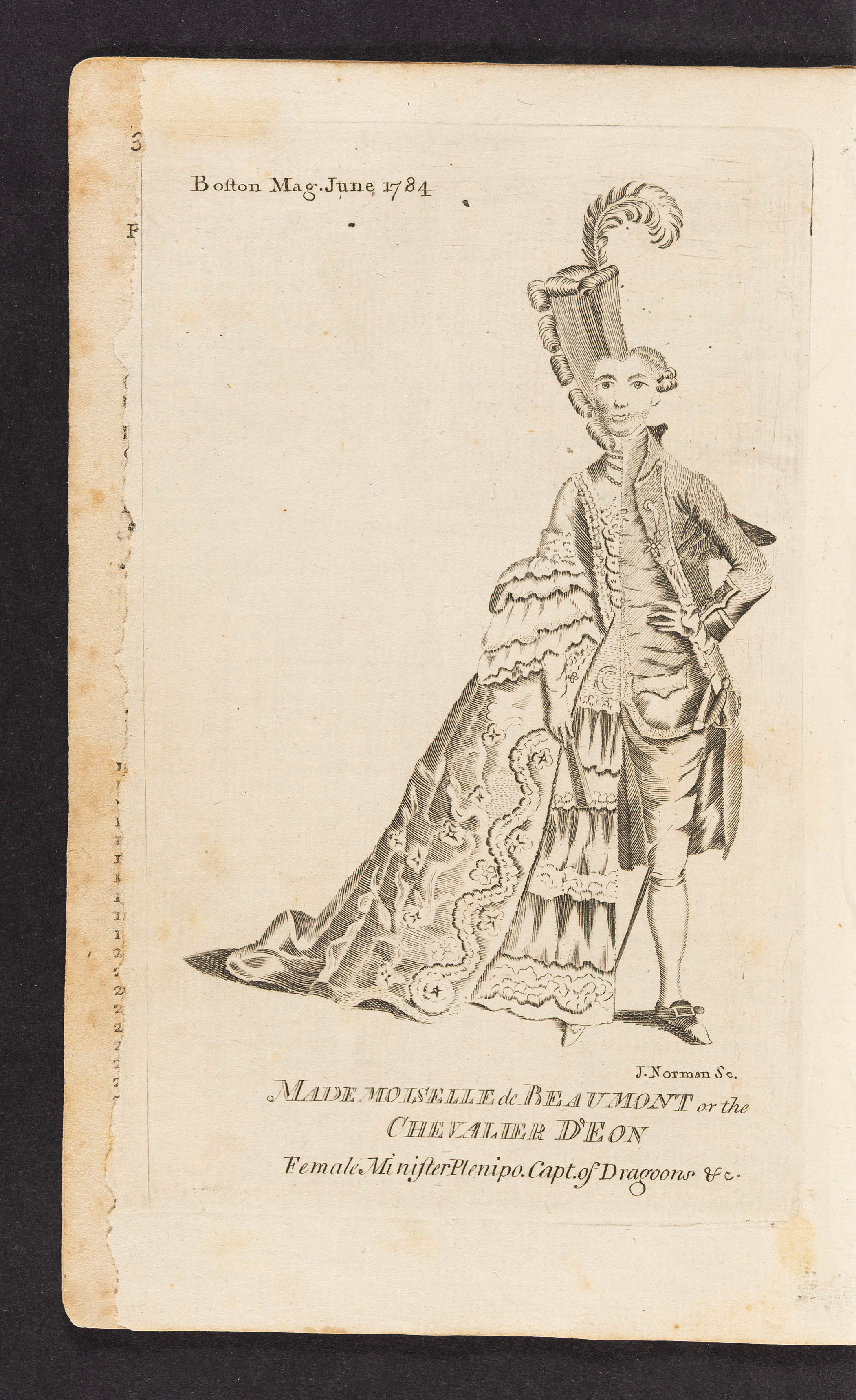 engraving of a person whose left half is wearing a fancy gown and large feather in their hair and whose right half has facial hair and a suit of the French aristrocracy