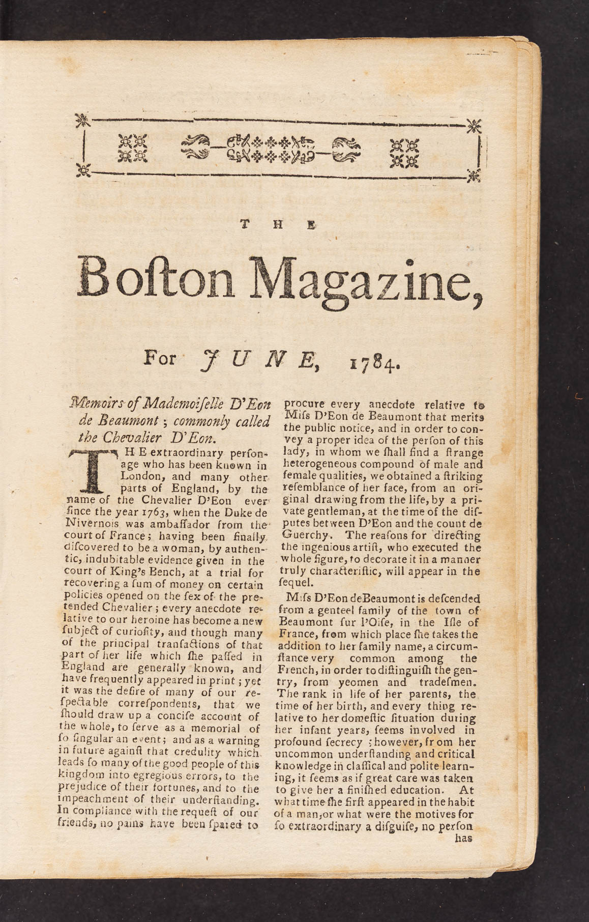 article printed in two columns with a decorative border at the top of the page and a large heading titled 