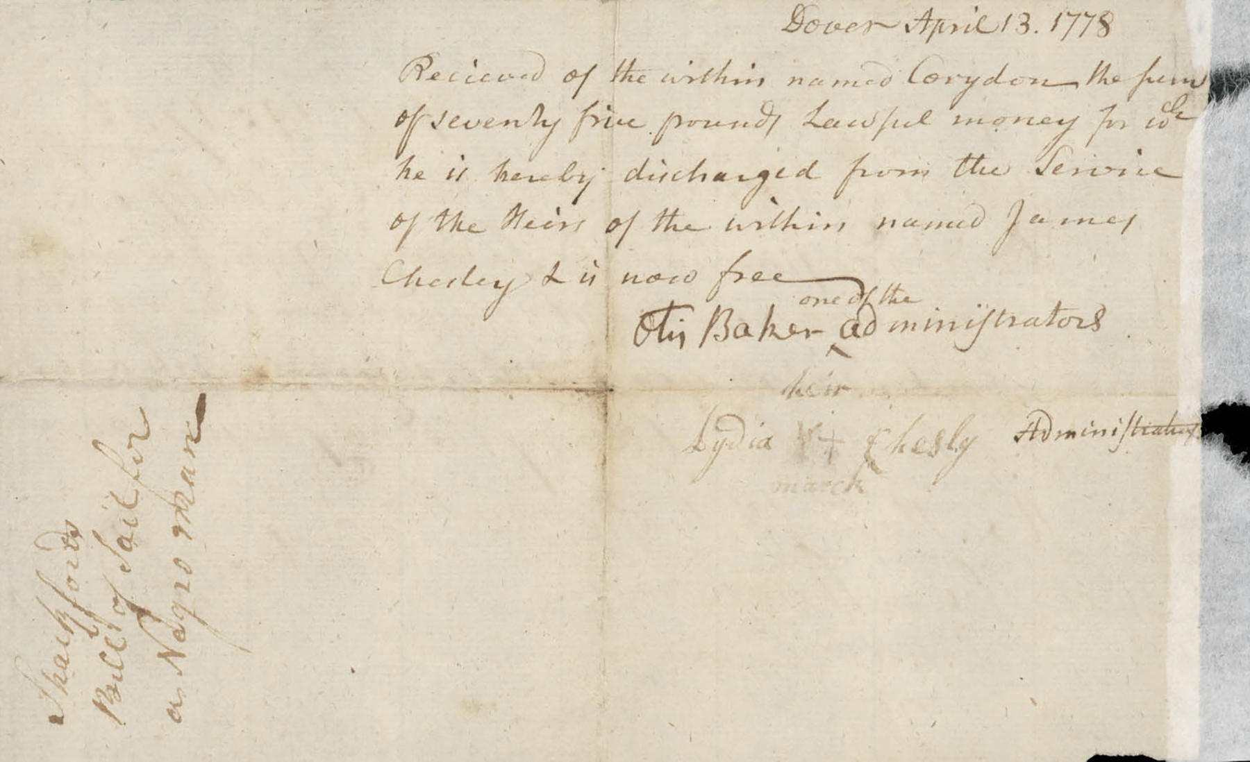 cursive handwriting in upper righthand section of a yellowed paper and writing in the opposite direction in the lower left corner