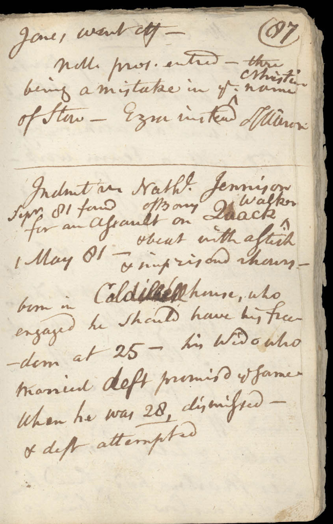 A yellowed page from a notebook filled with handwritten notes. The page is numbered 87 in the upper right corner.