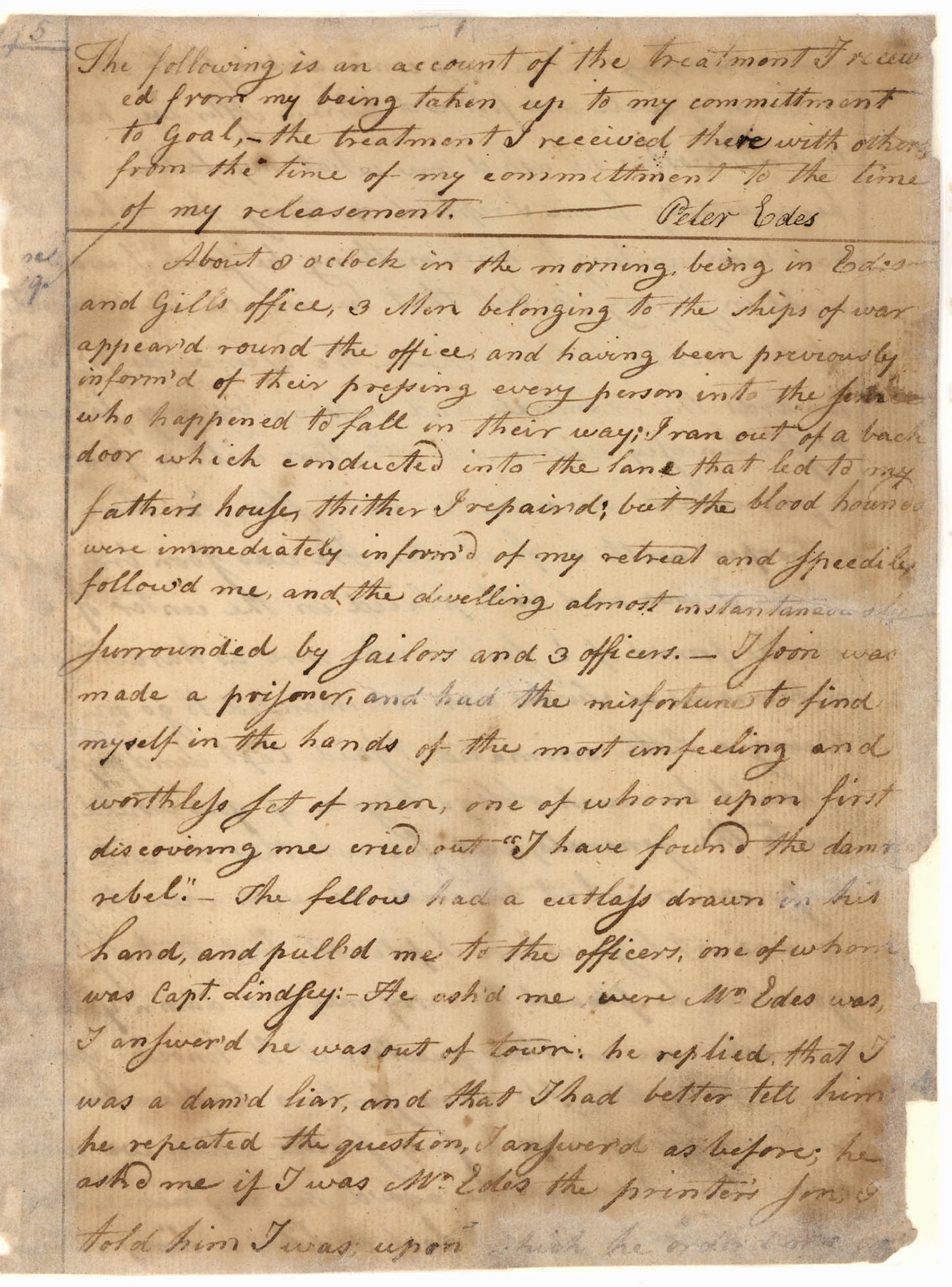 Cursive writing on aged paper with minor tears on the lower right hand side of the page