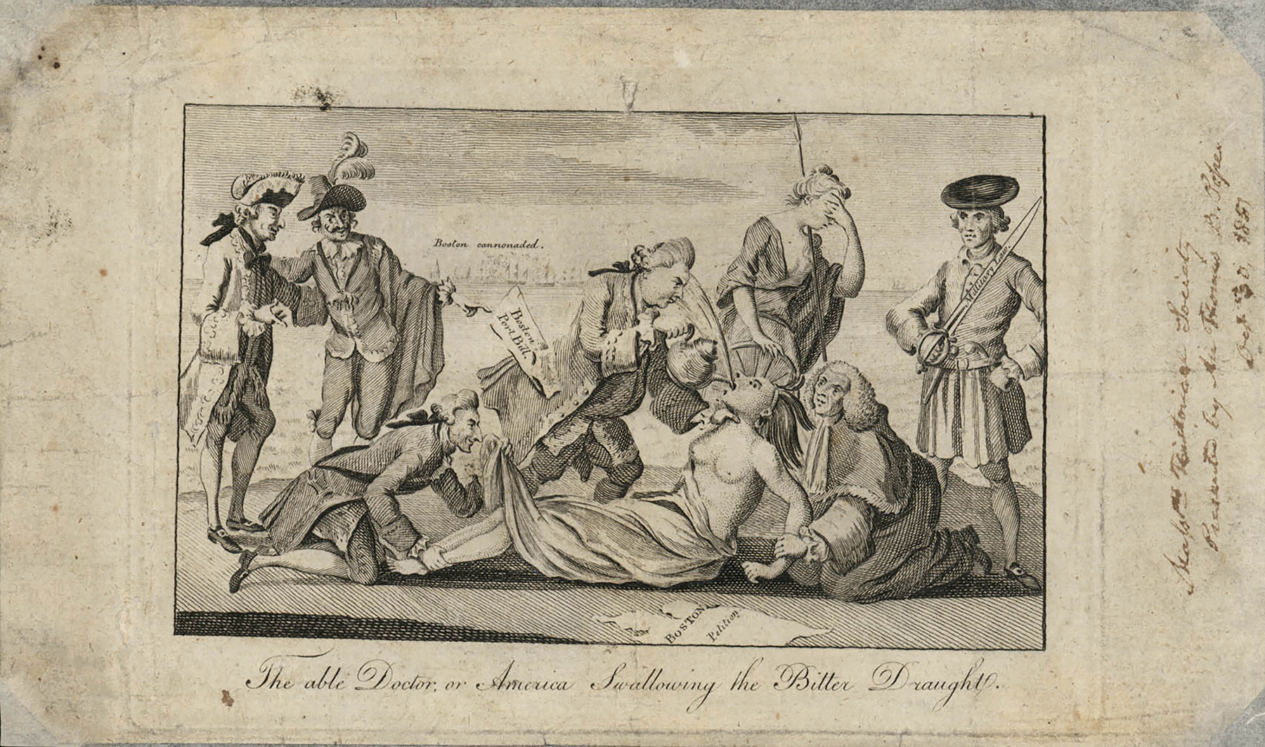 Etched cartoon depicting a man forcing tea down the throat of a partially draped Native female figure.
