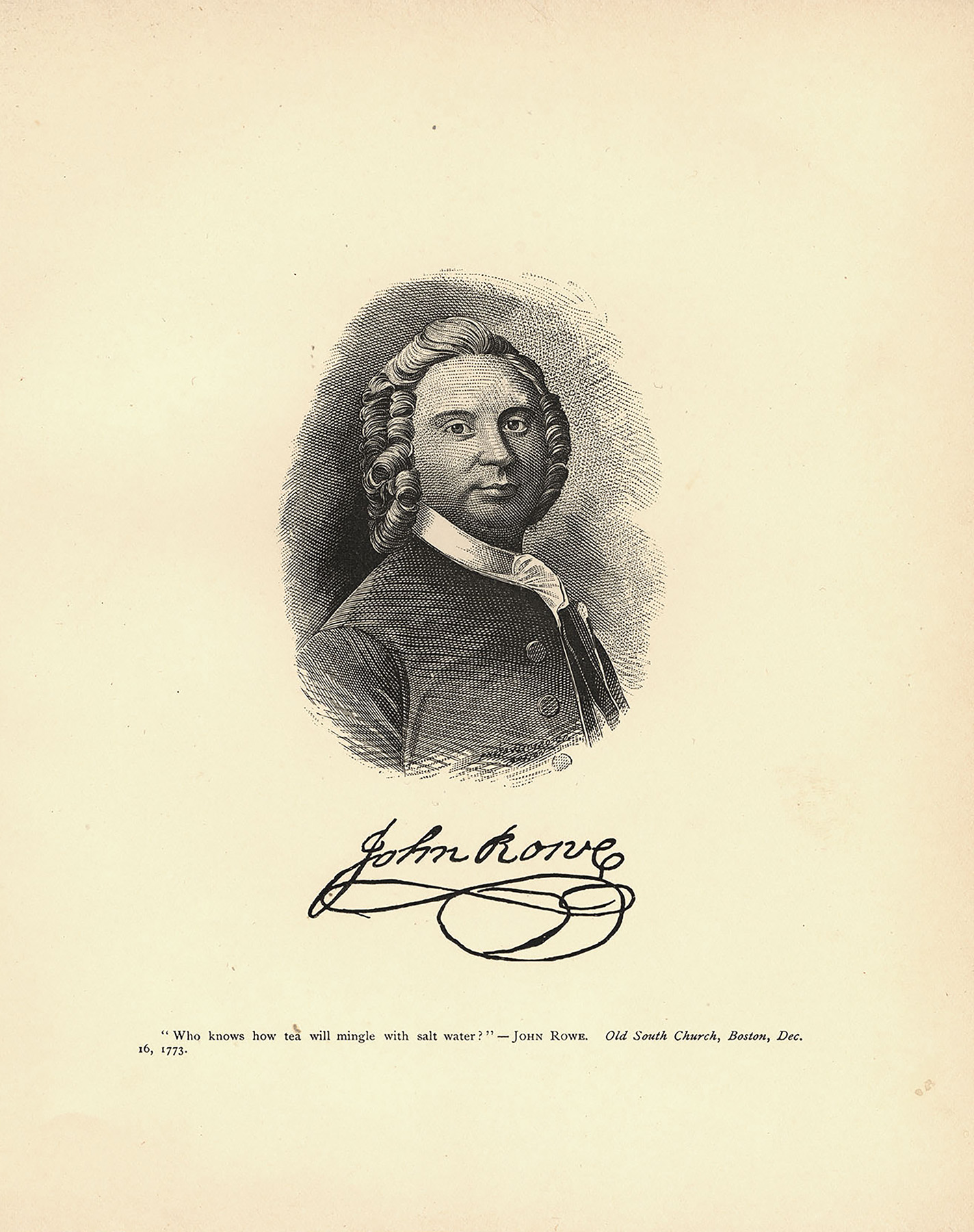 Etched portrait of John Rowe (bust). His name is handwritten underneath the portrait with a typed caption. 