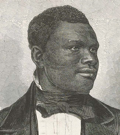 An etched image of a Black man in profile, wearing a bowtie and a black jacket.