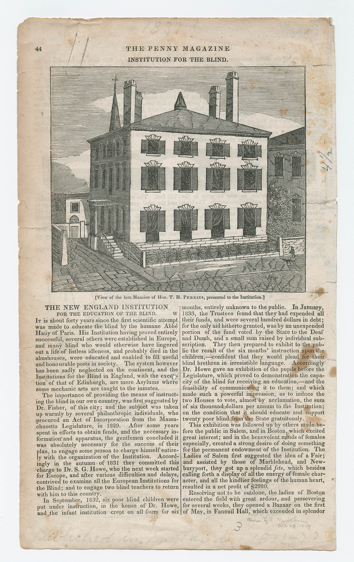 black-and-white drawing of a three story house with open shutters on 12 windows and a small front yard