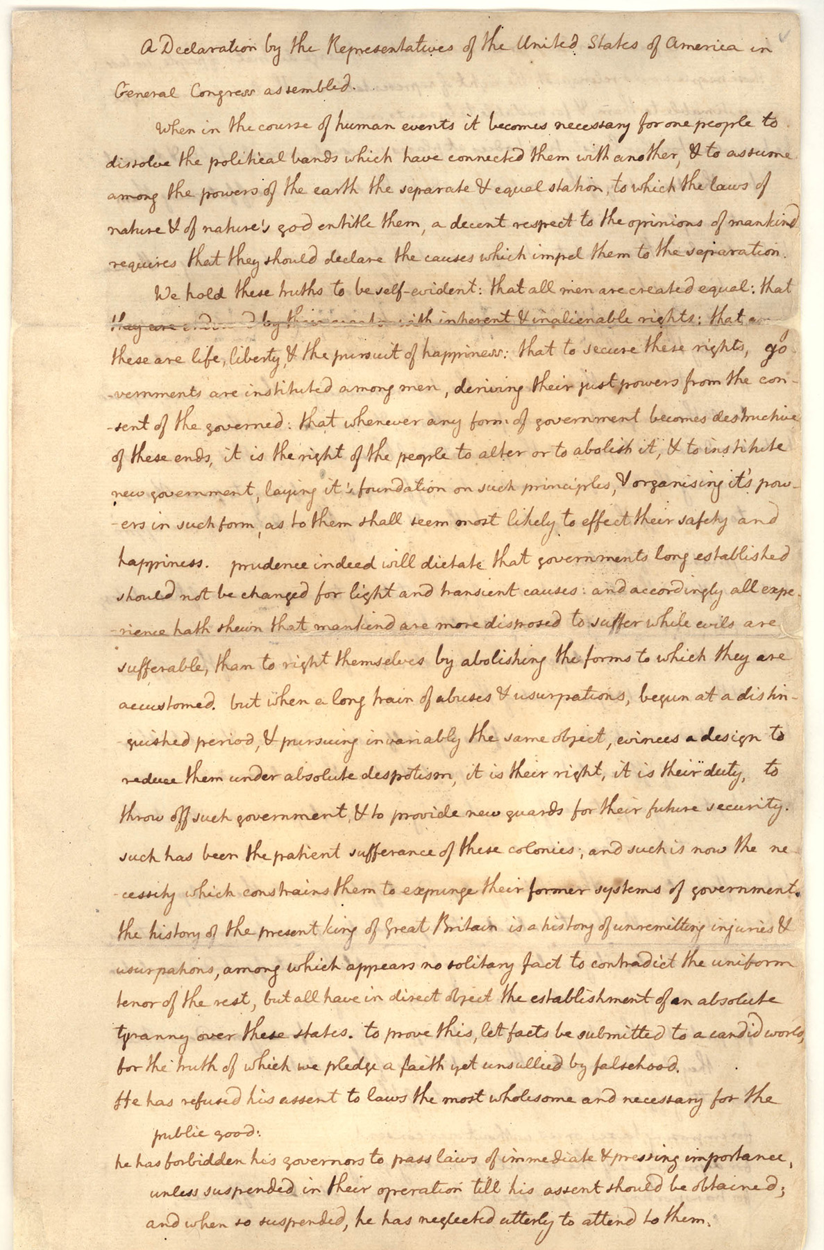 Handwritten draft of the Declaration of Independence on slightly yellowed paper.