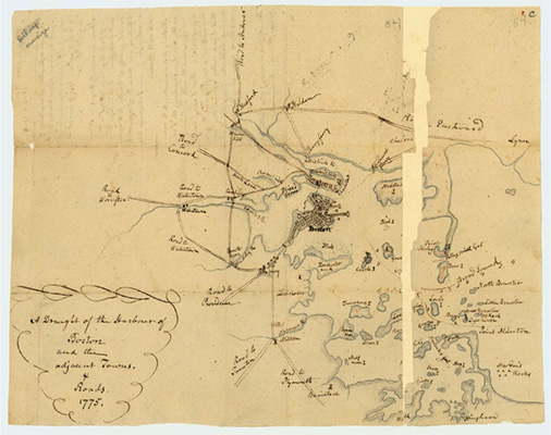 A hand-drawn map of Boston, Boston Harbor, and surrounding towns. Sketched in pen and ink.
