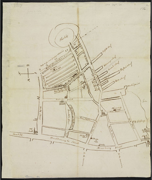 A hand-drawn map sketched in ink showing a closeup of streets in Boston