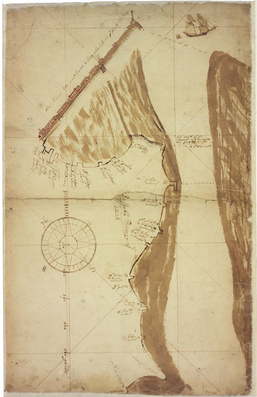 Hand-drawn map of Boston's Long Wharf, in pen and ink with cursive labels