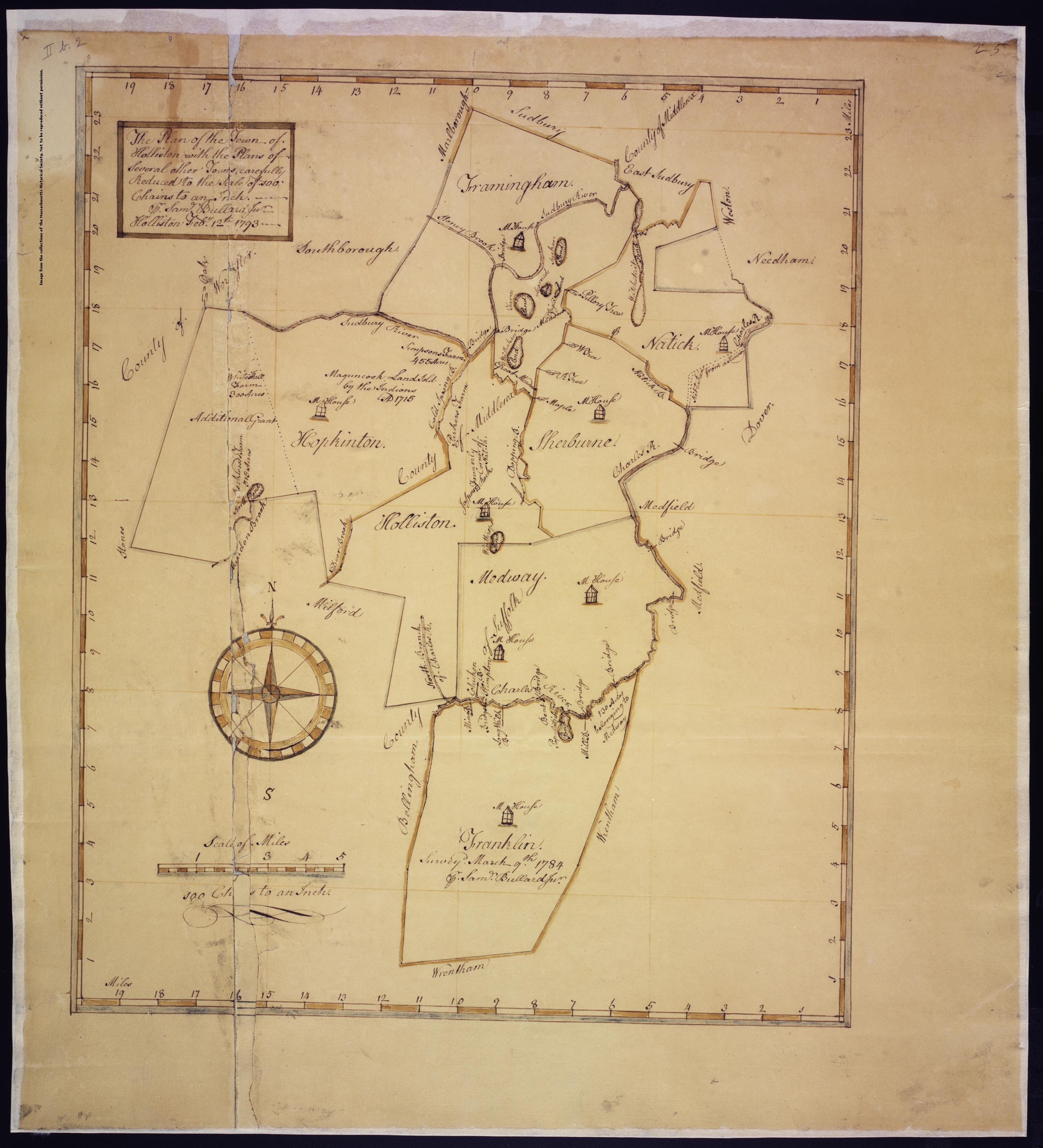 handdrawn map of Hollistion, Massachusetts and surrounding towns, including a bridge over the Charles River between Sherbourne and Medfield