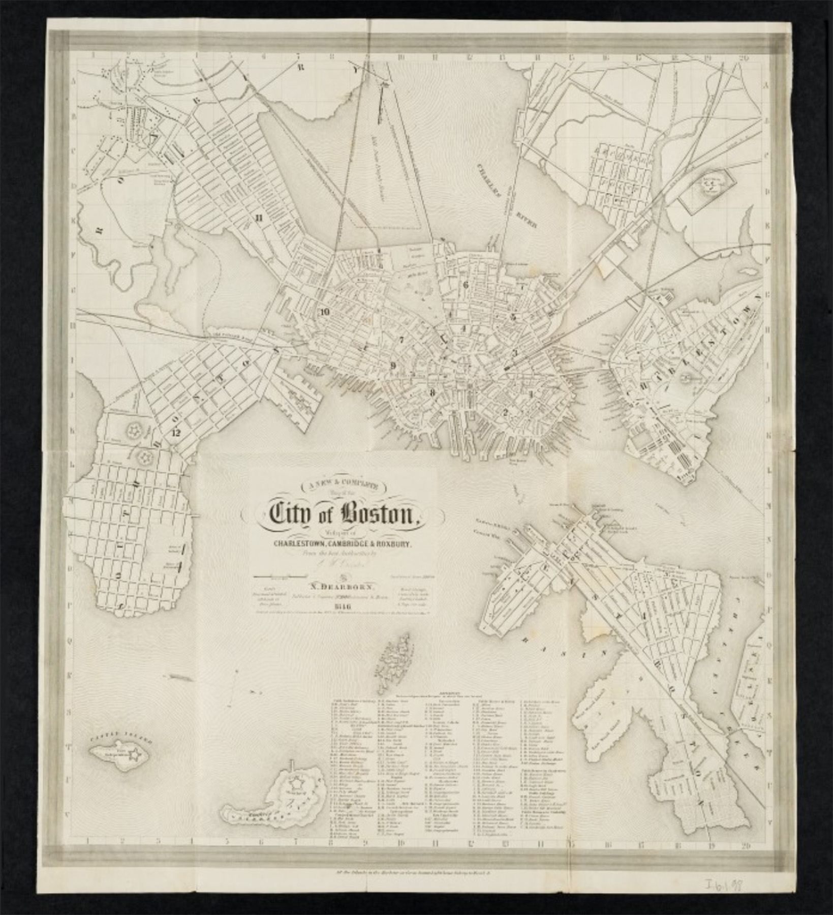 a large, printed black-and-white map showing Boston and areas surrounding it