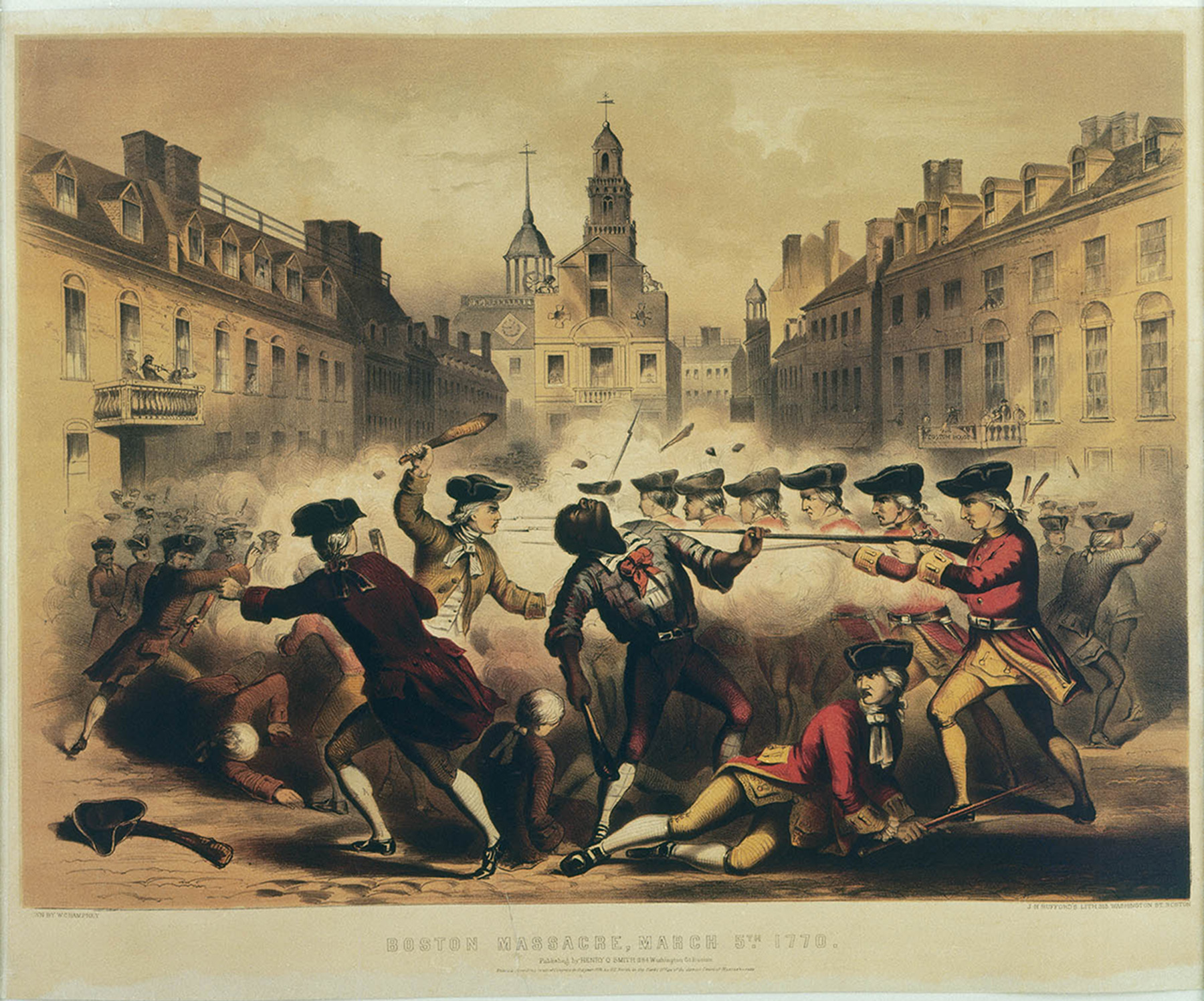 Painting of violent altercation between red-wearing British soldiers holding rifles and unarmed civilians. A black man is shot in the center. 
