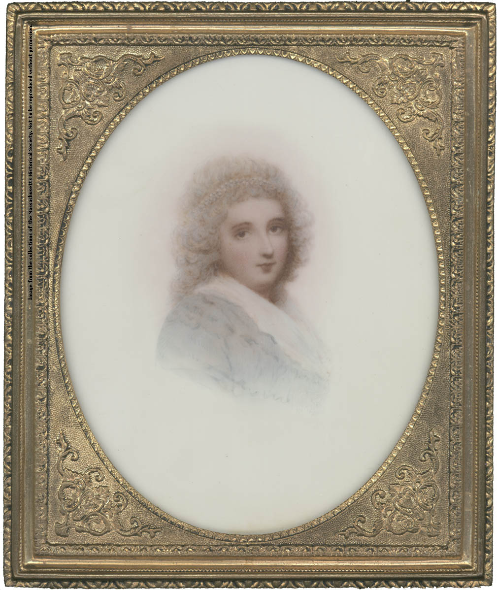 gold framed portrait of a young woman with blond, curly hair half and a blue dress with white collar, half turned toward the viewer
