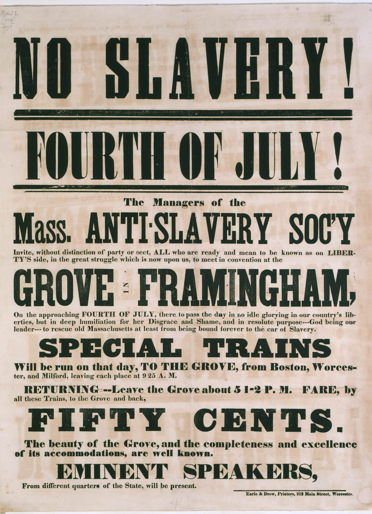 Poster printed on yellowed paper, titled “No Slavery! Fourth of July!” in large letters. Below the phrases 