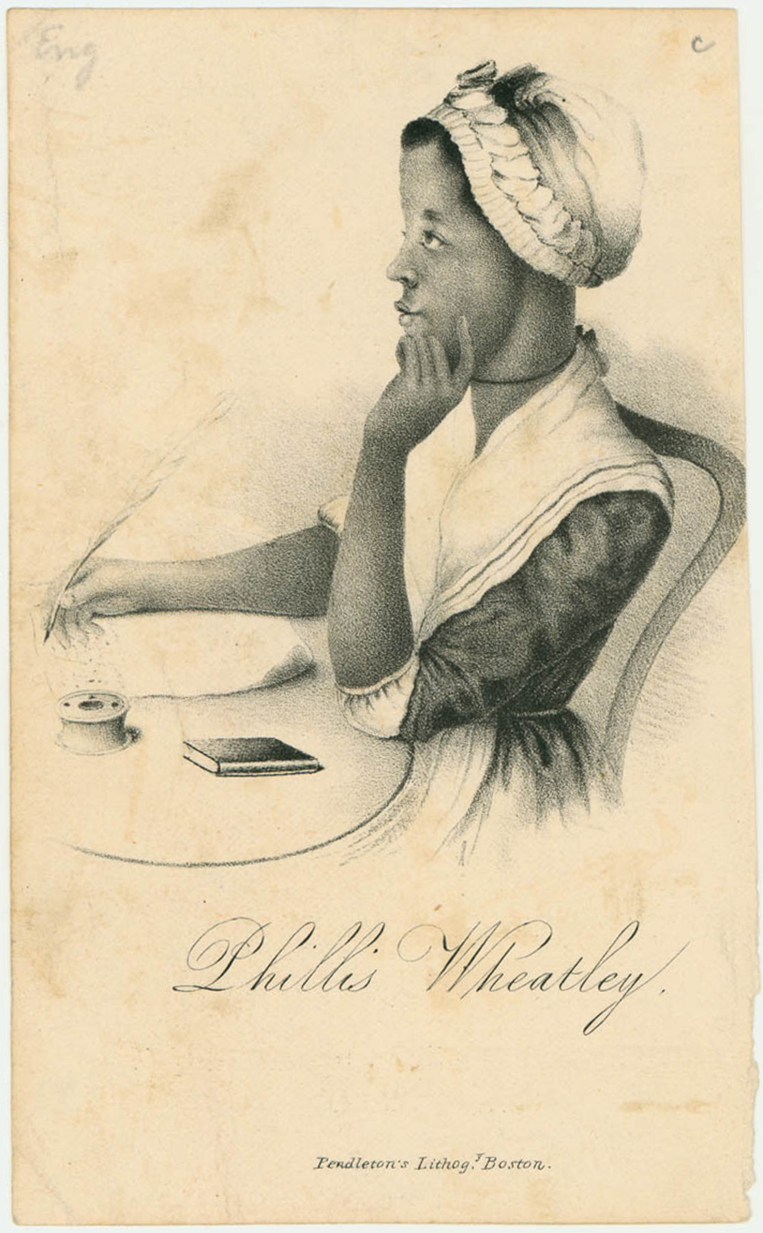 engraving of the profile of a young Black woman wearing a dress and cap on her head, seated at a table with her left hand on her chin and a quill in her right hand. 