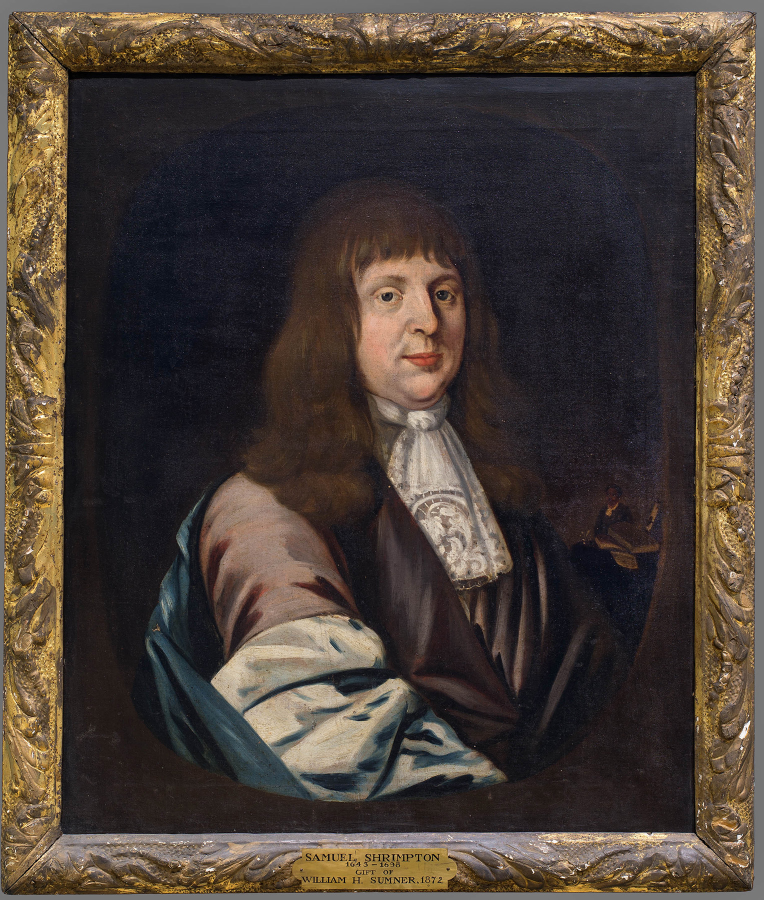 A framed painting of a white man with long brown hair and a lace necktie. To his left in the background, a very small figure of a Black boy wearing dark clothing and a white necktie can be seen in the background, next to a stack of books.
