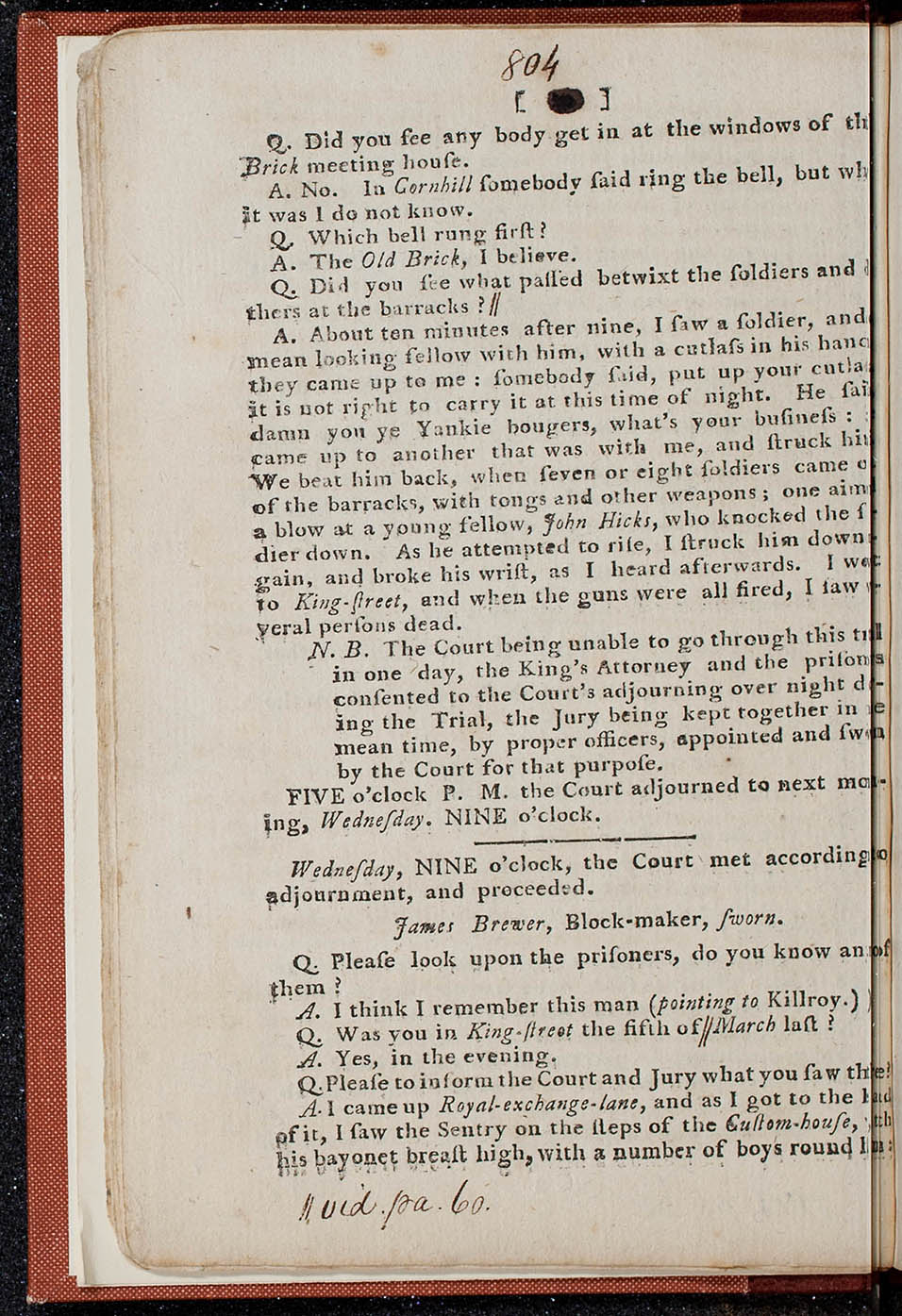 printed text describing the testimony of James Brewer. the page is hand-numbered #804.