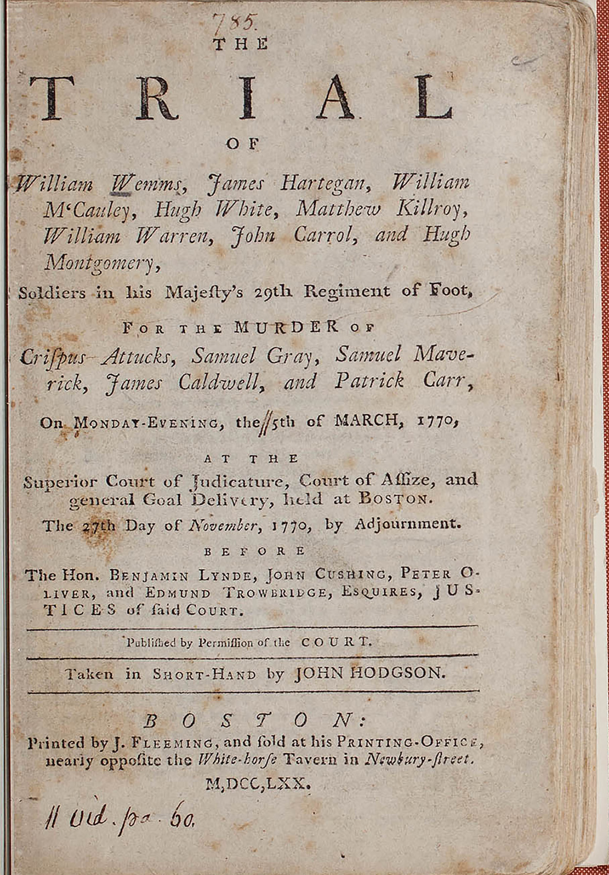printed text describing the trial on yellow-stained paper. the trial is printed at the top of the page is large capital letters.
