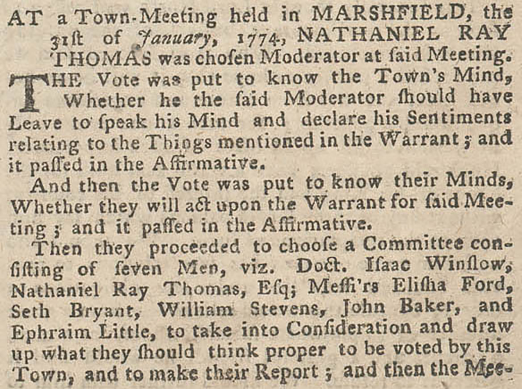 Newspaper article detailing the results of the town meeting