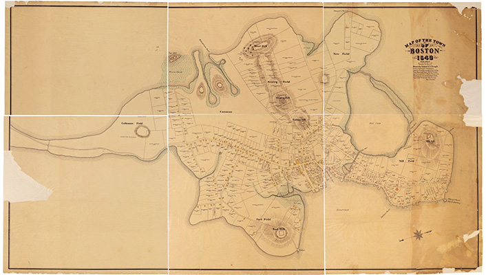 Map of Boston printed on aged paper with some torn edges