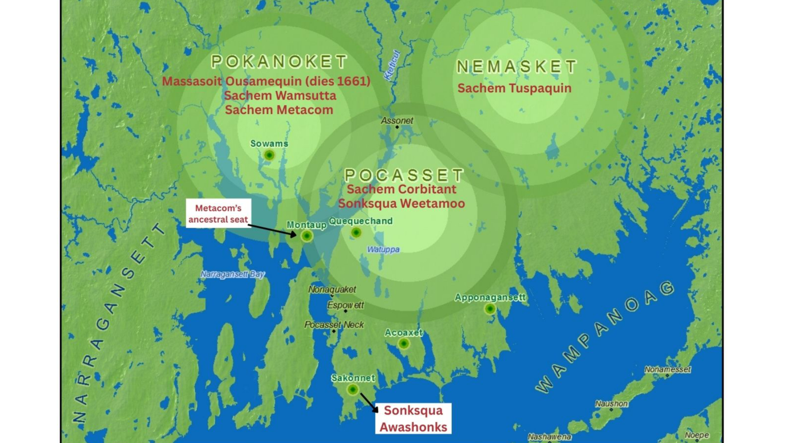 map showing water and land with concentric circles showing wampanoag communities